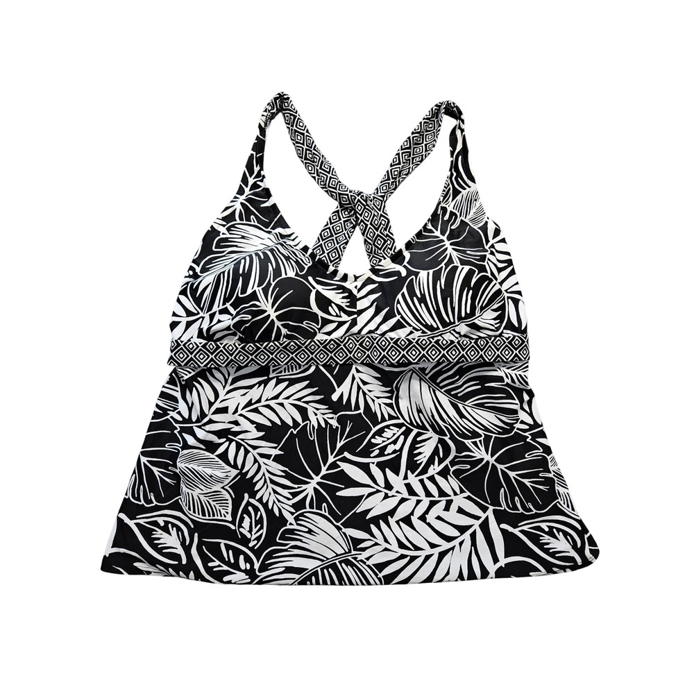 Merona Women 22W Black White Tropical Palm Leaf Tankini Swim Top NWT